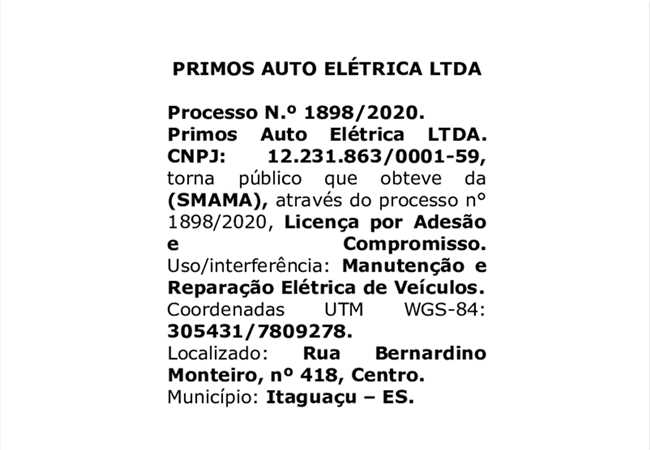 Licença Ambiental Obtida - PRIMOS AUTO ELÉTRICA LTDA